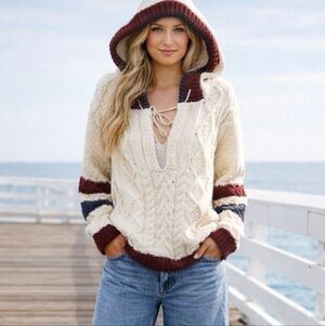 J.O.A. Cream Cable Knit Hooded Sweater Maroon/ Navy Stripes Preppy Chunky Sz S